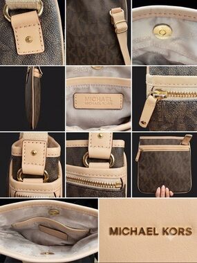 Michael Kors Brown MK Logo Crossbody with Beige Trim and Gold Hardware